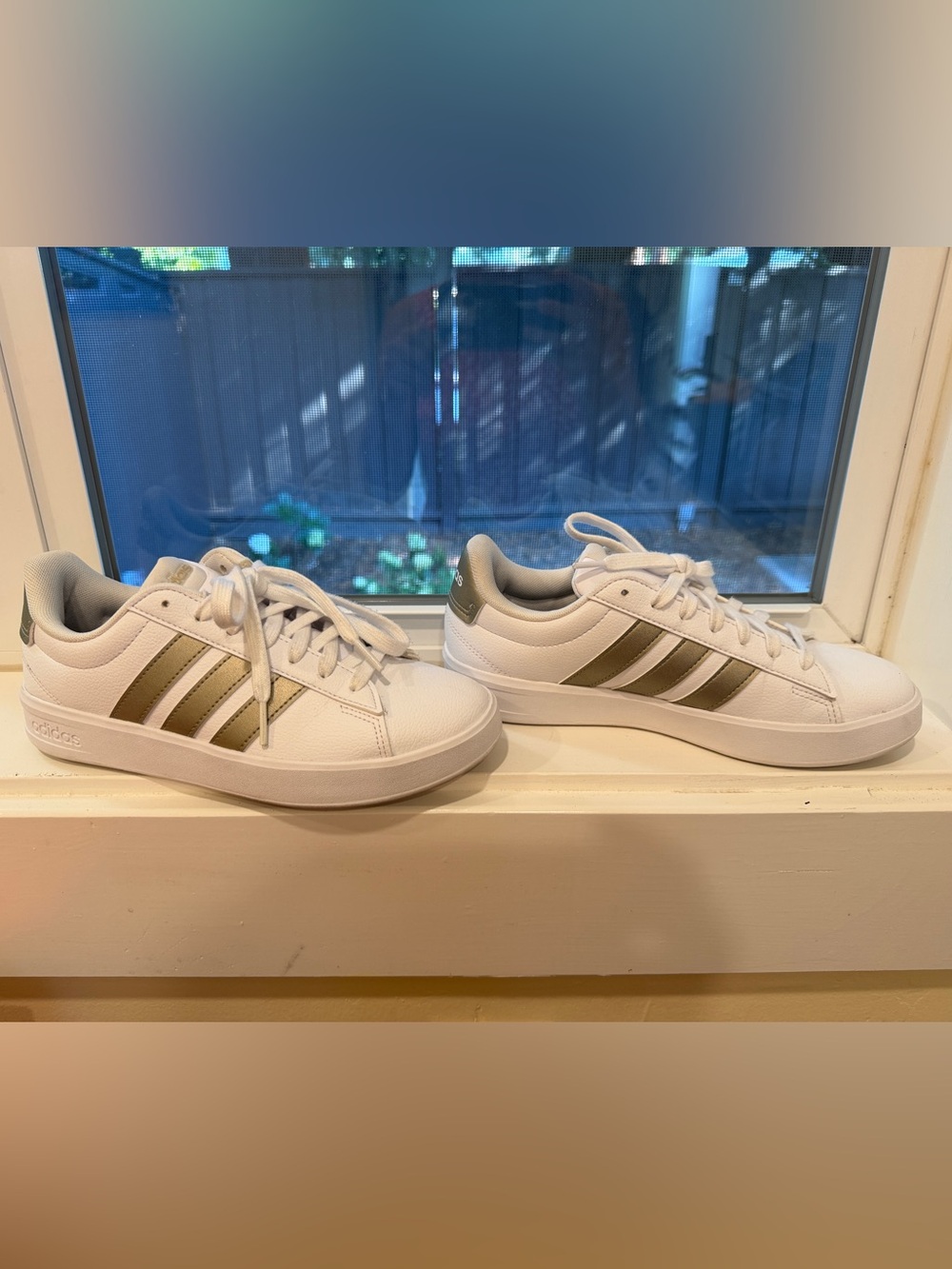 adidas White Sneakers with Metallic Gold Stripes Grand Court